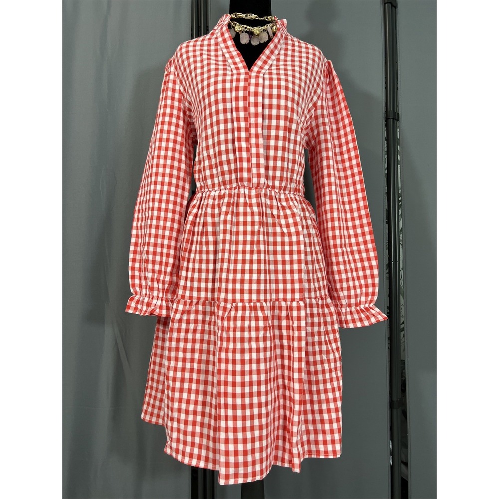 Red White Gingham Tiered Shirt Dress Ruffle Collar Pockets Sz S Casual #J